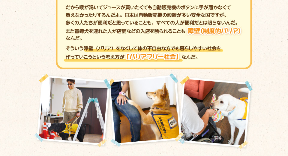 だから喉が渇いてジュースが買いたくても自動販売機のボタンに手が届かなくて買えなかったりするんだよ。日本は自動販売機の設置が多い安全な国ですが、多くの人たちが便利だと思っていることも、すべての人が便利だとは限らないんだ。また盲導犬を連れた人が店舗などの入店を断られることも障壁（制度的バリア）なんだ。そういう障壁（バリア）をなくして体の不自由な方でも暮らしやすい社会を作っていこうという考え方が「バリアフリー社会」なんだ。